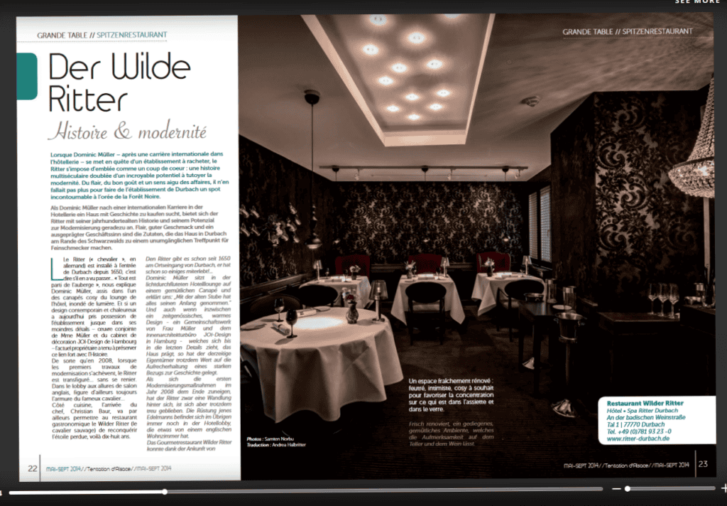 Screenshot von 2 Seiten einer Gourmetzeitschrift: Bericht über ein Restaurant und Foto vom Restaurant