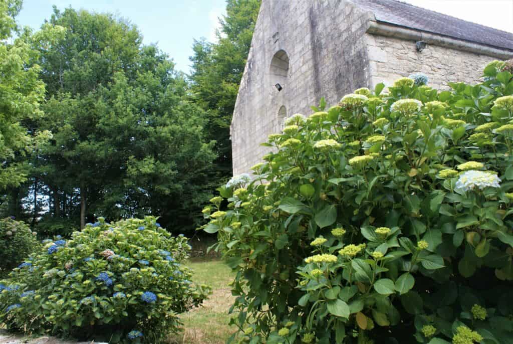 Kapelle aus Granit, im Vordergrund hellblau blühende Hortensien, dahinter Laubbäume