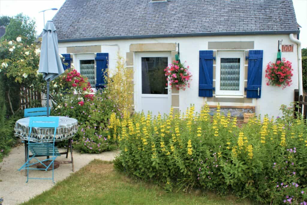 Kleines weißes Haus mit blauen Fensterläden, Schieferdach, Tisch vor dem Haus, viele Blumen