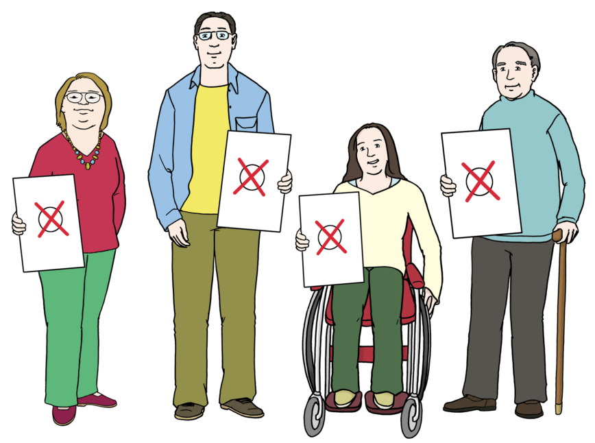 4 Menschen mit einer Behinderung, die eine Wahlbenachrichtigung in der Hand halten