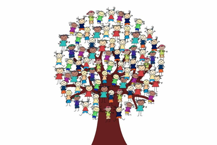 Zeichnung Baum mit vielen Kindern unterschiedlichen Geschlechts