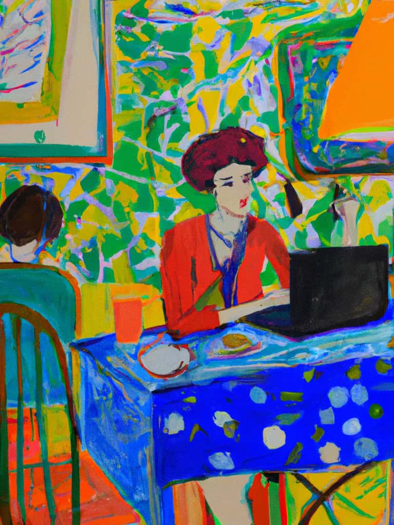 Dame mit Laptop an einem Tisch im Café sitzend