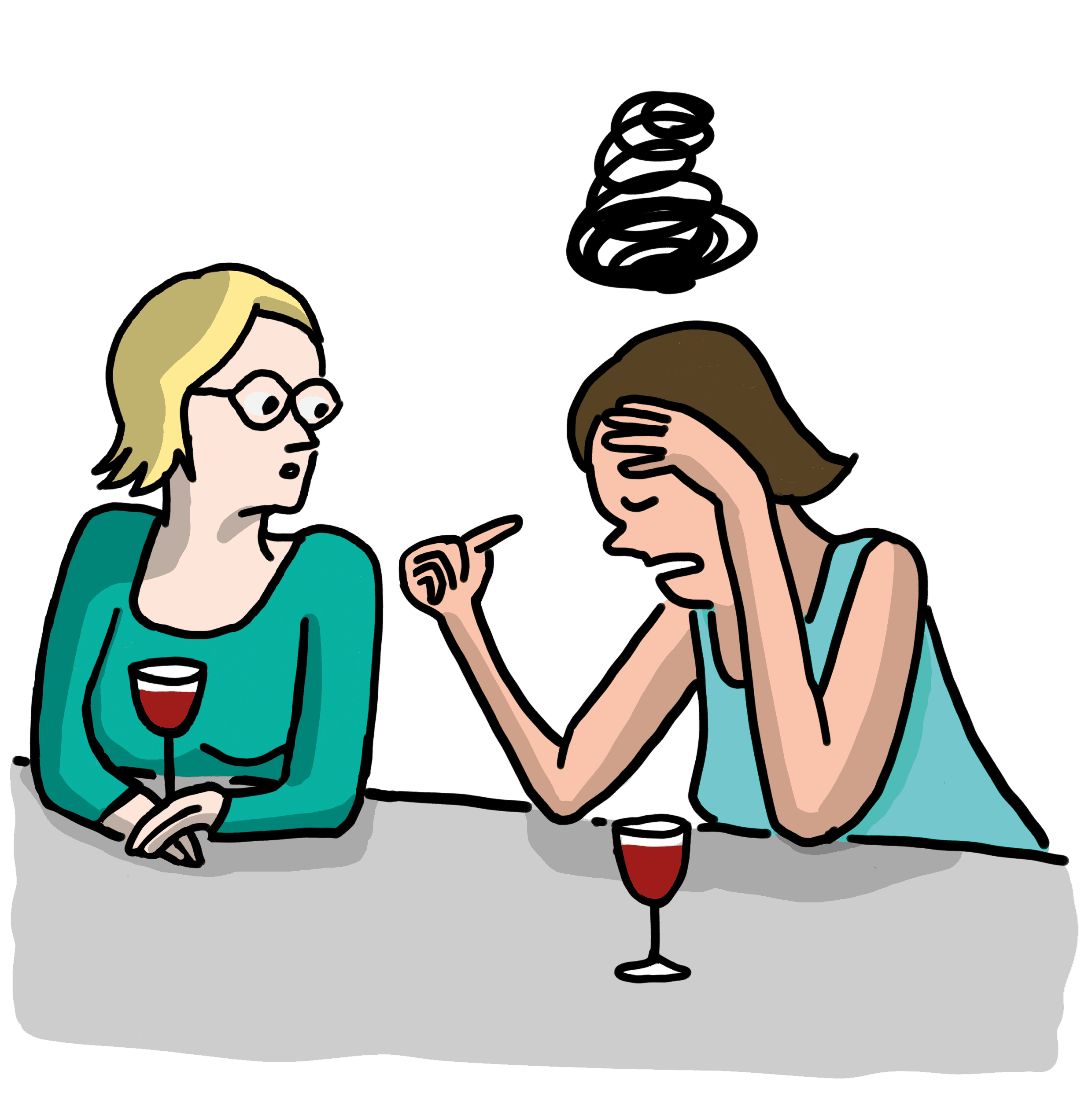 Zwei Frauen an einer Bar. Vor jeder Frau steht ein Drink. Die zweite Frau zeigt auf ihren Kopf, über dem eine schwarze Wolke schwebt