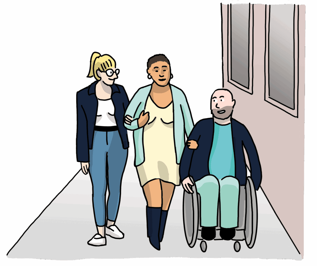 3 Personen machen sich gemeinsam auf den Nachhauseweg: eine blonde Frau mit blonden Haaren, Brille und Hose mit Jacket, eine Frau mit dunkler Haut, Kleid, Jacke und Stiefeln und ein Mann mit heller Haut und Vollbart im Rolli