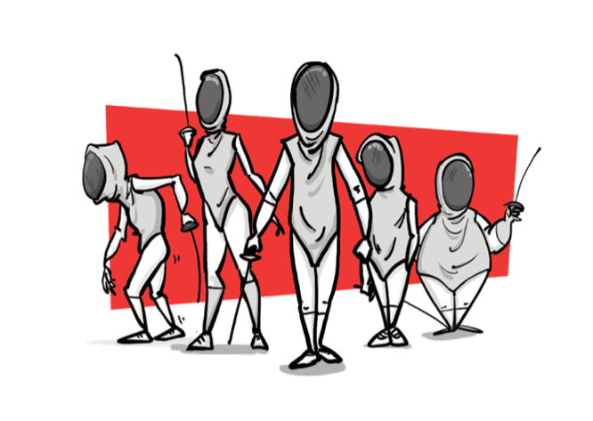 Gruppe von Fechterinnen und Fechtern in Schutzkleidung mit Floretten.