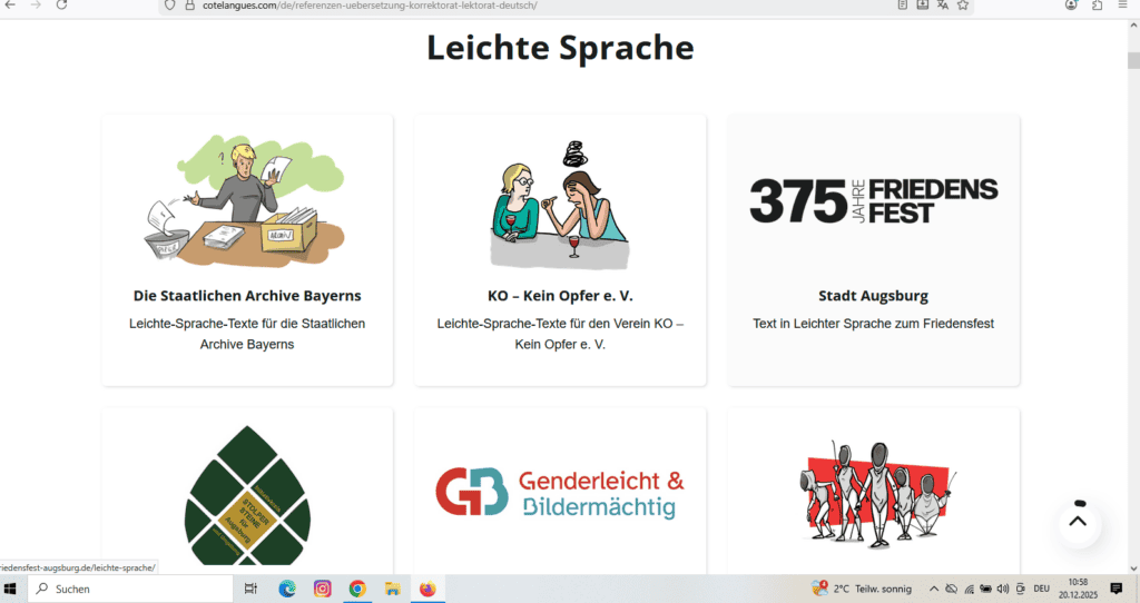Screenshot einer Website mit Überschrift Leichte Sprache, darunter sechs Kacheln mit Zeichnungen und Logos sowie Projektbeschreibungen